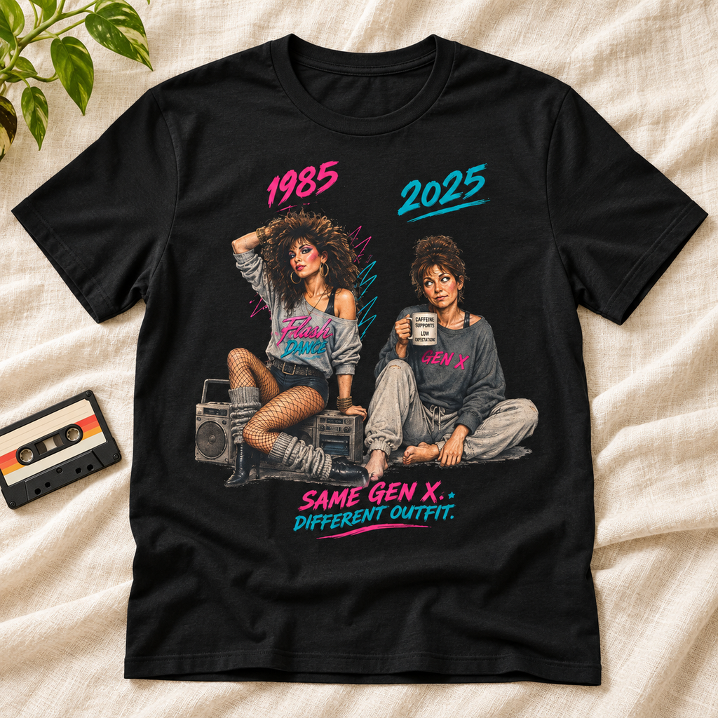1985–2025 Same Gen X Different Outfit Shirt | Retro Humor Tee — layflat lifestyle mockup