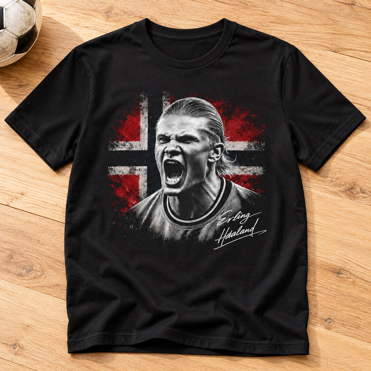 Erling Haaland Norway Soccer T-Shirt — layflat lifestyle mockup
