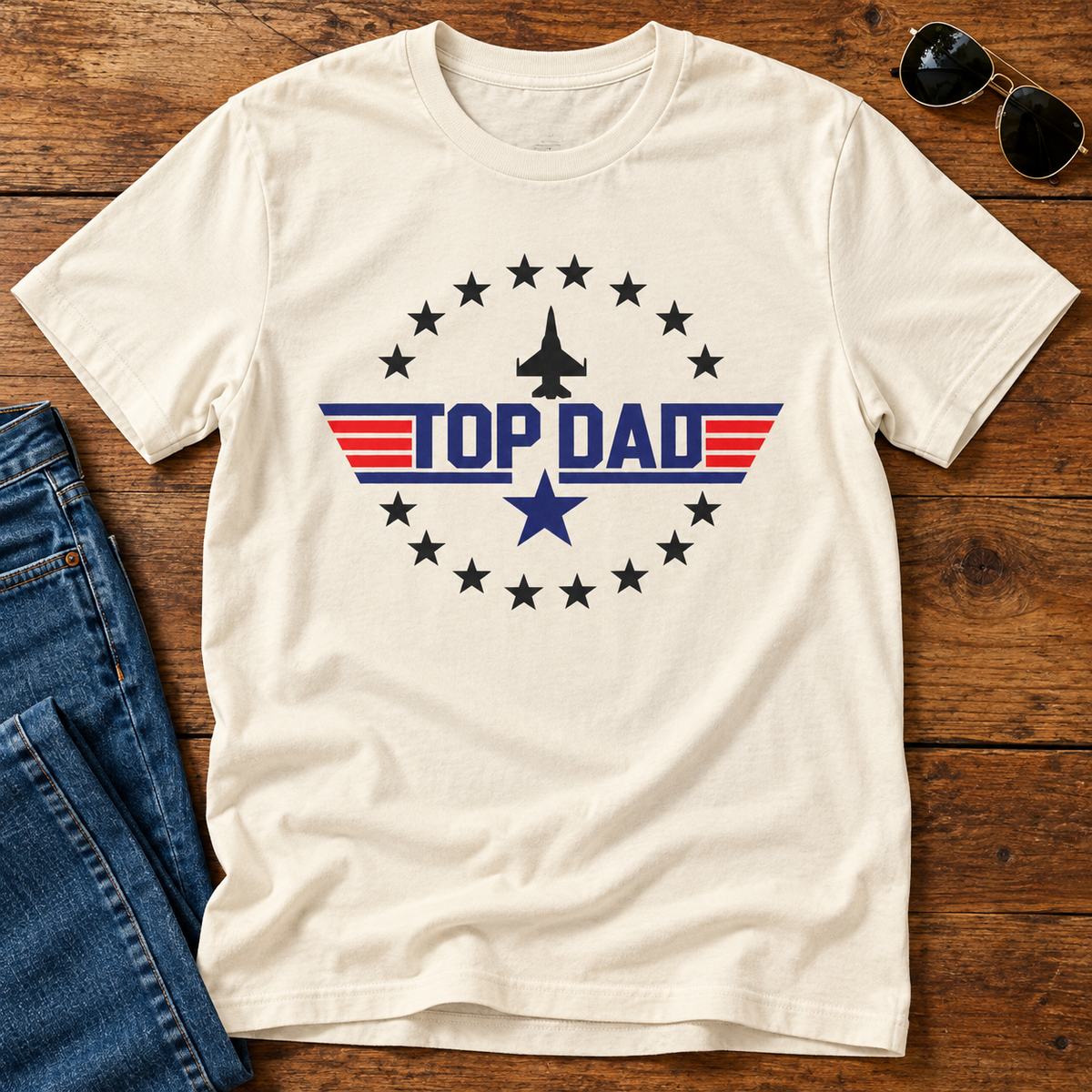 Top Dad T‑Shirt — Patriotic Aviation Dad Tee (Father’s Day Gift) — layflat lifestyle mockup