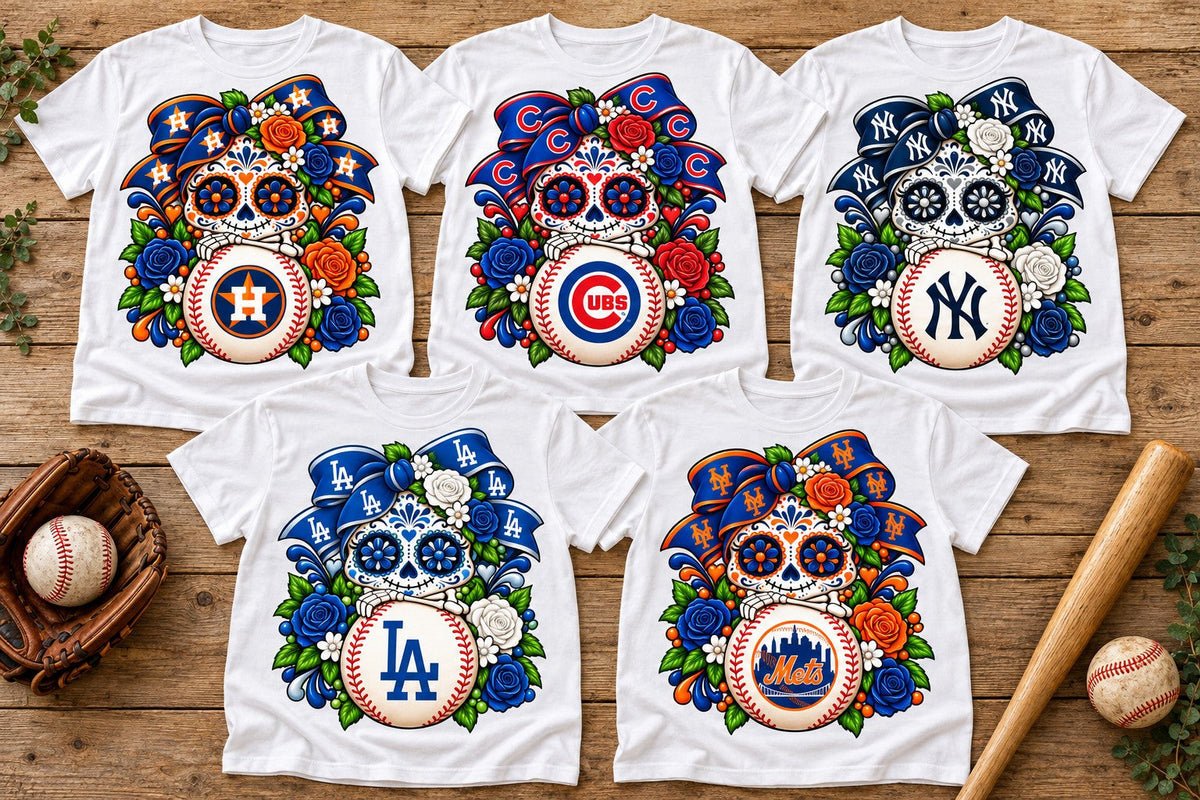 Five custom team Día de los Muertos baseball shirts featuring Astros, Cubs, Yankees, Dodgers and Mets sugar skull designs