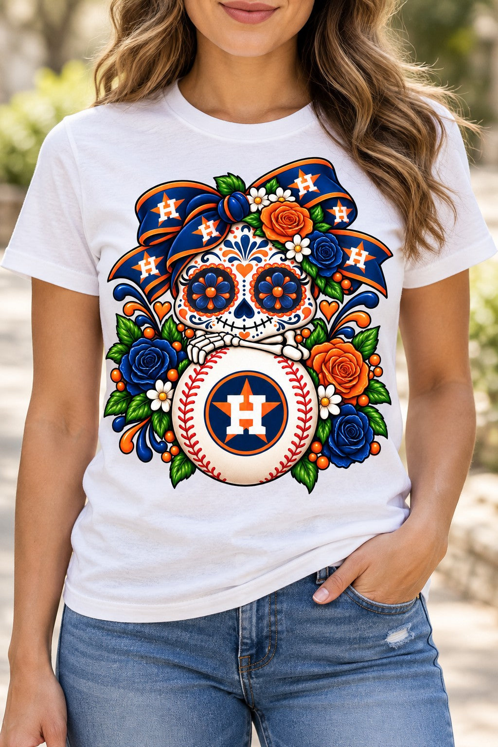 Woman wearing Houston Astros Día de los Muertos floral sugar skull baseball shirt