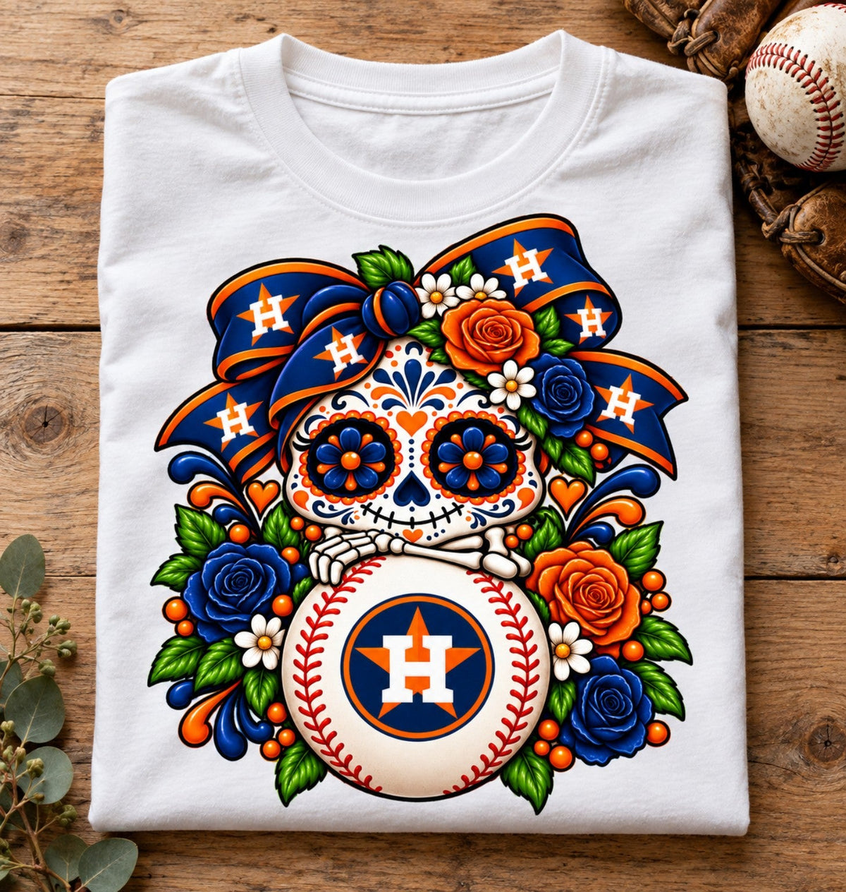 Folded white Houston Astros Día de los Muertos floral sugar skull baseball shirt