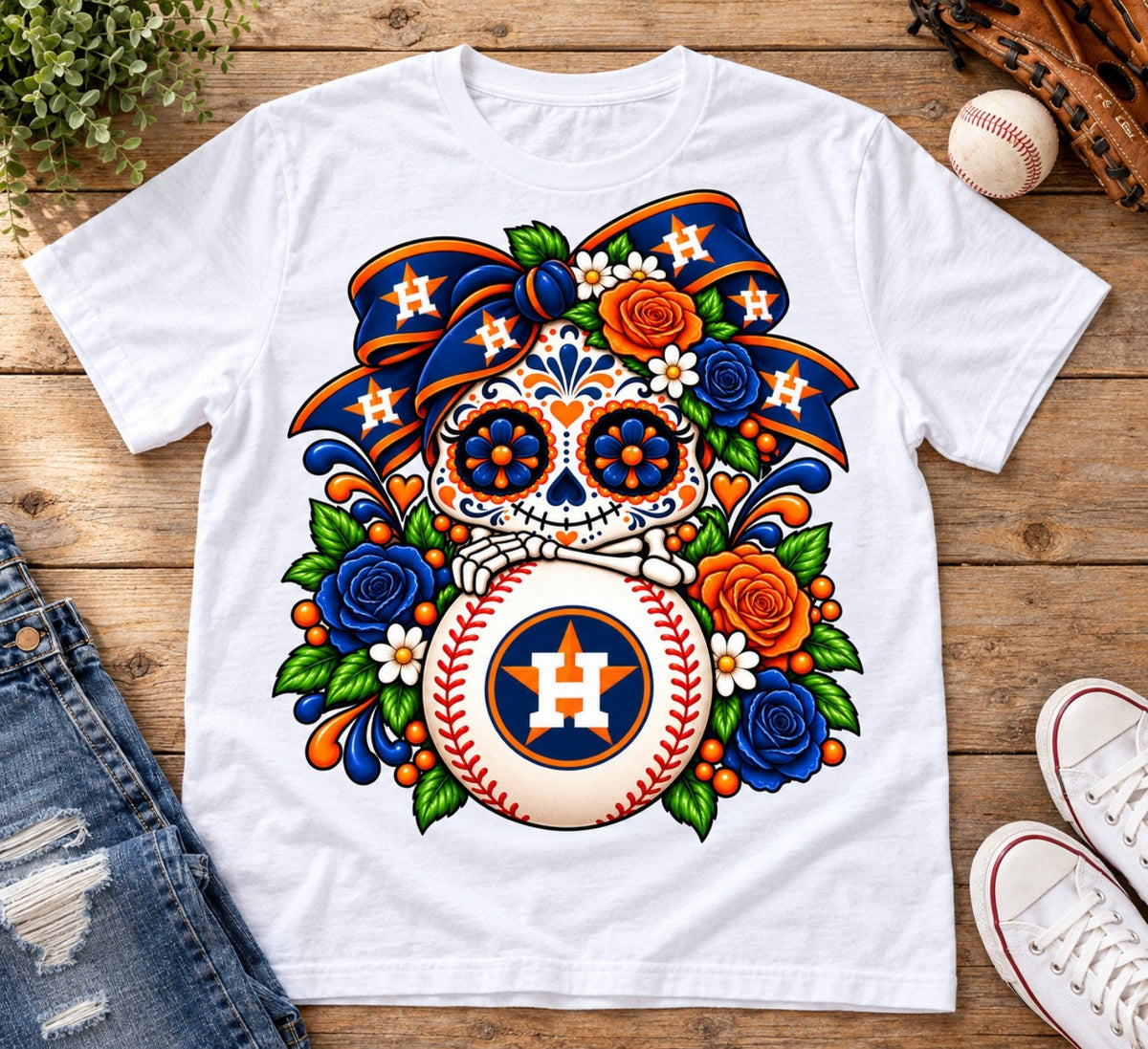 White Houston Astros Día de los Muertos baseball shirt flat lay
