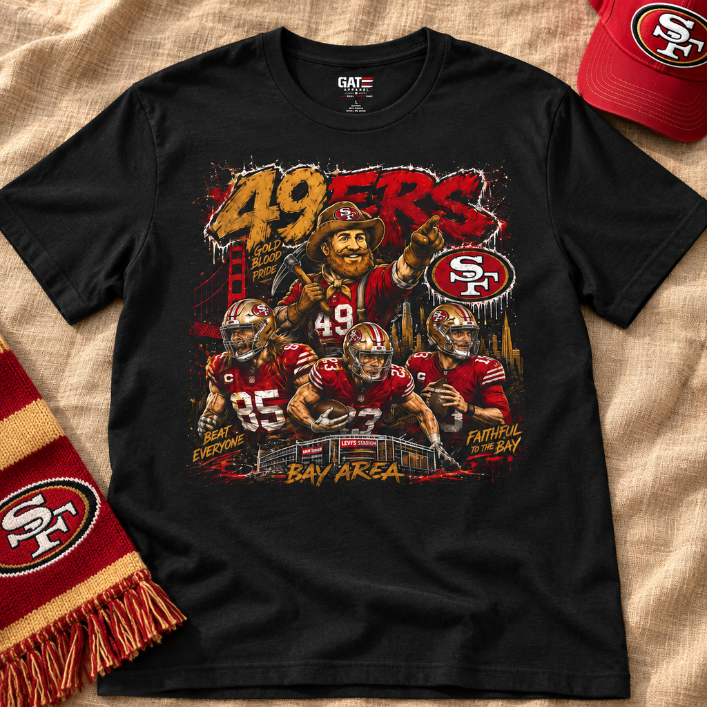 San Francisco 49ers Gold Blooded Shirt | Football Fan Tee — lay-flat lifestyle mockup with upper-chest graphic