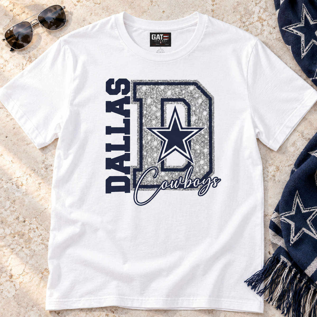 Dallas Cowboys – Football Glitter D Shirt | Sparkle Game Day Tee — lay-flat lifestyle mockup with upper-chest graphic