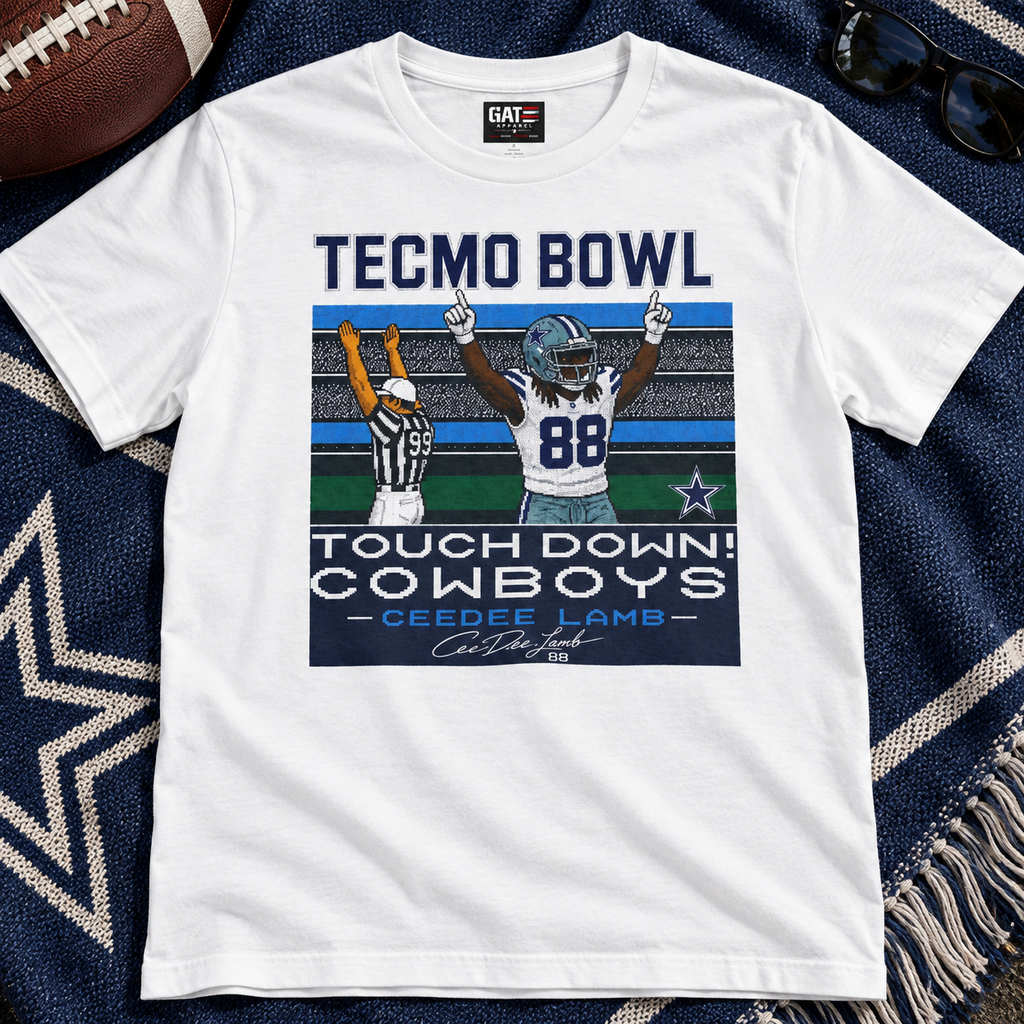 Dallas Cowboys – CeeDee Lamb – Retro 8-Bit Shirt | Football Fan Tee — lay-flat lifestyle mockup with upper-chest graphic