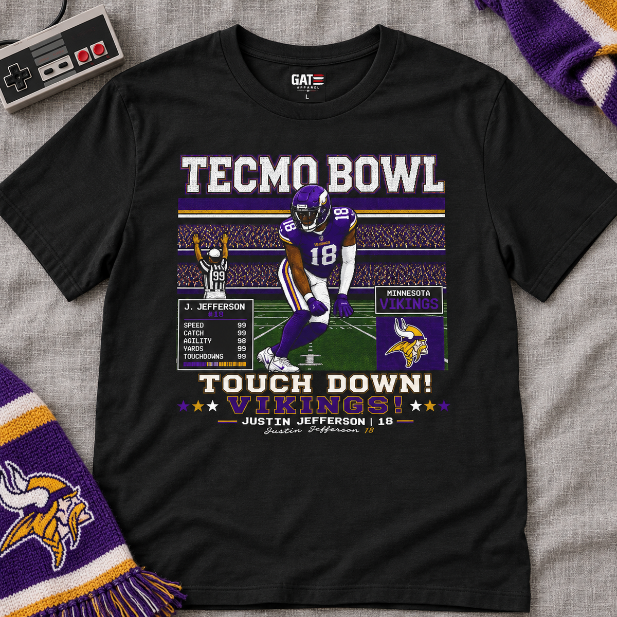 Minnesota Vikings – Justin Jefferson – Tecmo Bowl Shirt | Retro Football Tee — lay-flat lifestyle mockup with upper-chest graphic