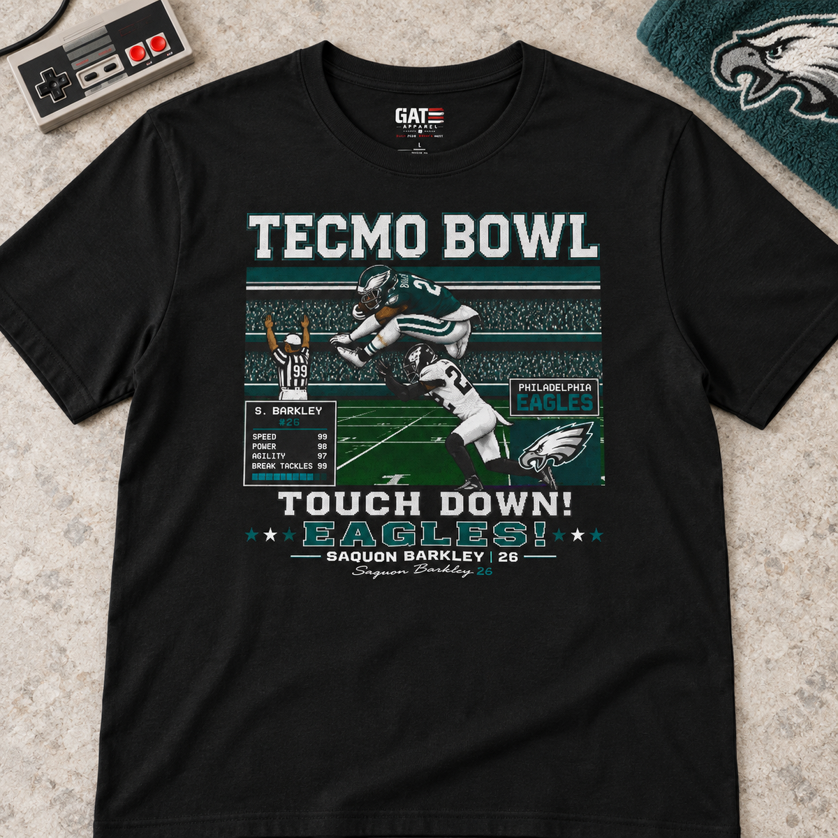 Philadelphia Eagles – Saquon Barkley – Tecmo Bowl Shirt | Retro Football Tee — lay-flat lifestyle mockup with upper-chest graphic