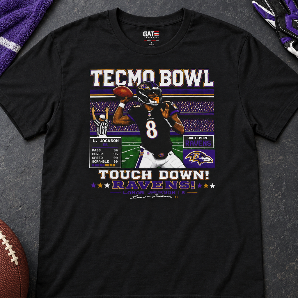 Baltimore Ravens – Lamar Jackson – Tecmo Bowl Shirt | Retro Football Tee — lay-flat lifestyle mockup with upper-chest graphic