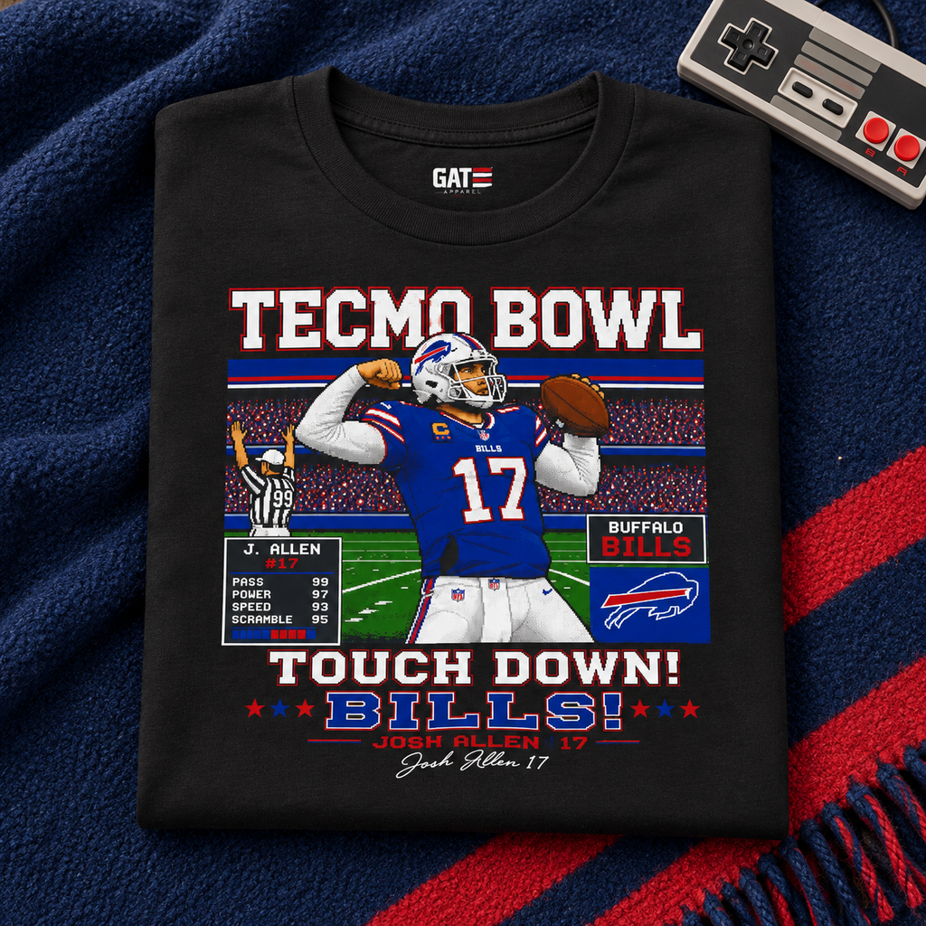 Buffalo Bills – Josh Allen – Tecmo Bowl Shirt | Retro Buffalo Football Tee — folded lifestyle mockup with upper-chest graphic