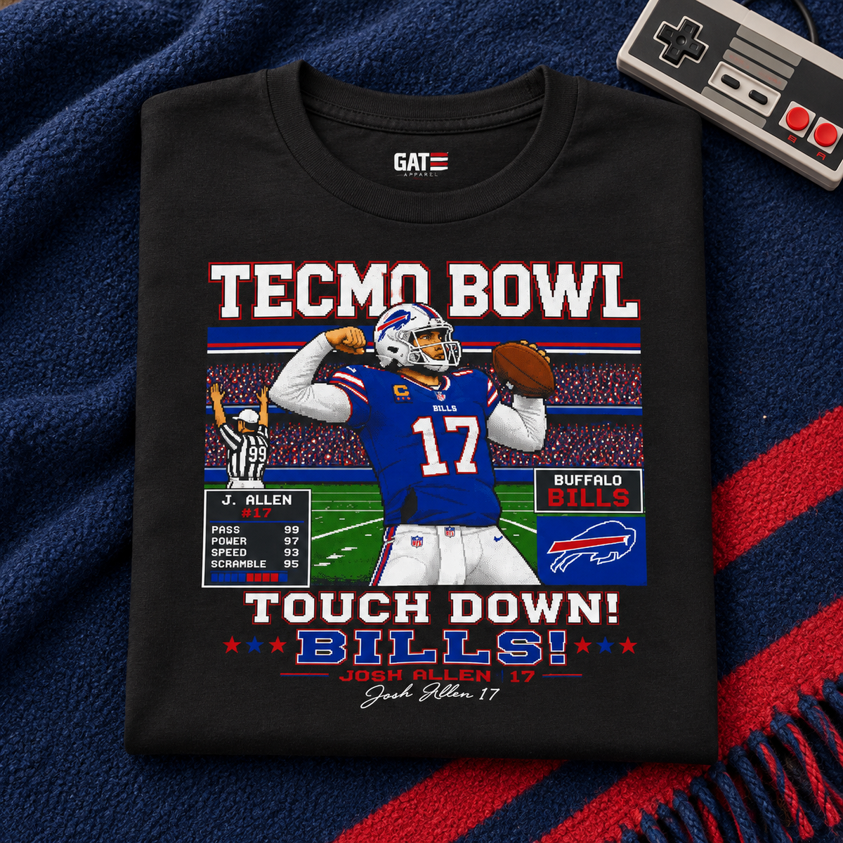 Buffalo Bills – Josh Allen – Tecmo Bowl Shirt | Retro Buffalo Football Tee — folded lifestyle mockup with upper-chest graphic