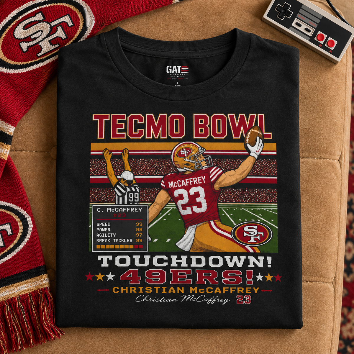 San Francisco 49ers – Christian McCaffrey – Tecmo Bowl Shirt | Retro Football Tee — folded lifestyle mockup with upper-chest graphic