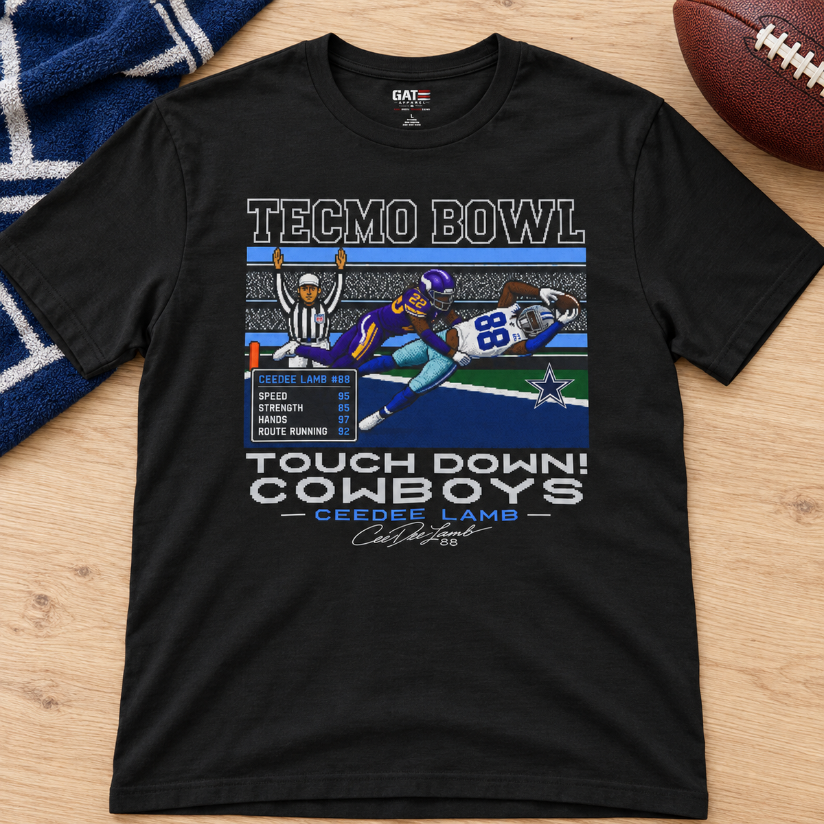 Dallas Cowboys – CeeDee Lamb – Tecmo Bowl Shirt | Retro Football Tee — lay-flat lifestyle mockup with upper-chest graphic