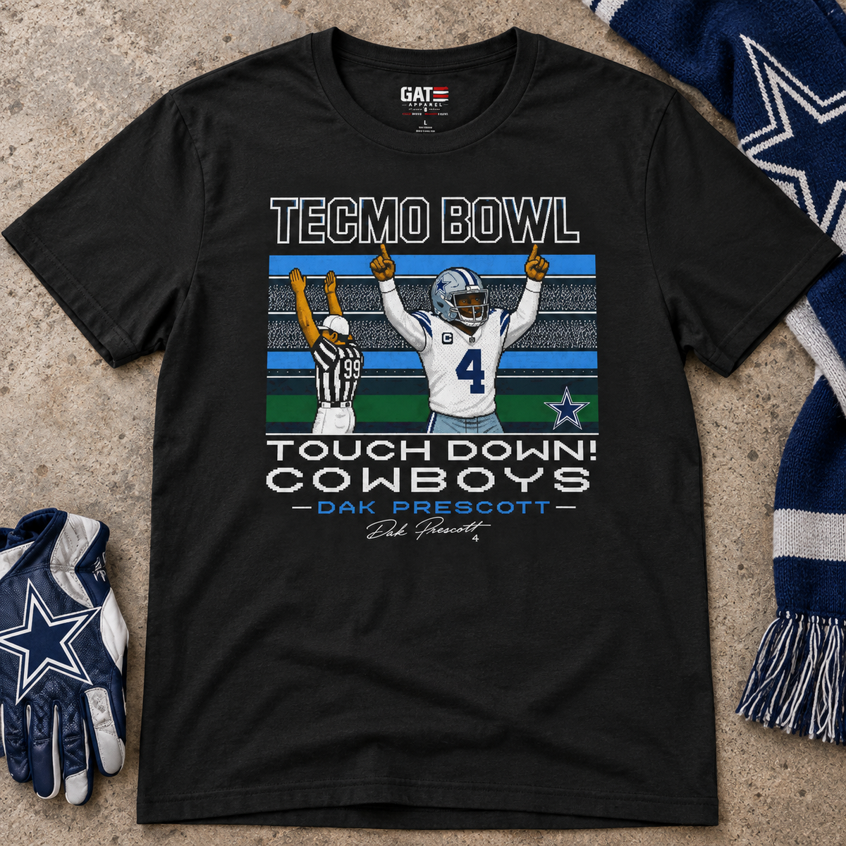 Dallas Cowboys – Dak Prescott – Tecmo Bowl Shirt | Football Tee — lay-flat lifestyle mockup with upper-chest graphic