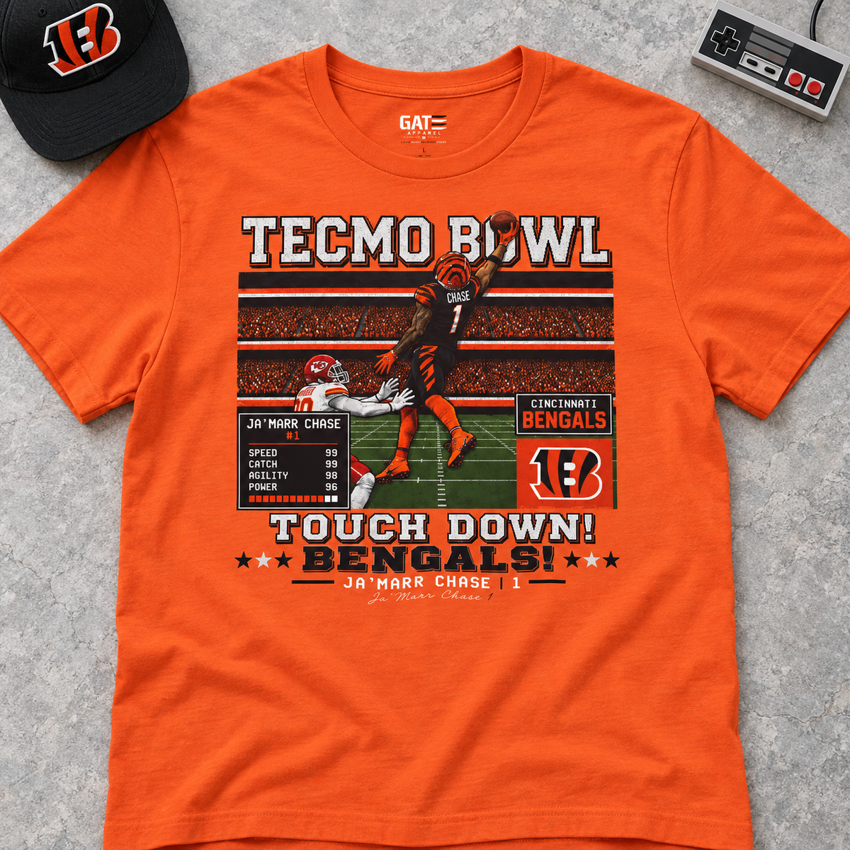 Cincinnati Bengals – Ja'Marr Chase – Tecmo Bowl Shirt | Retro Football Tee — lay-flat lifestyle mockup with upper-chest graphic
