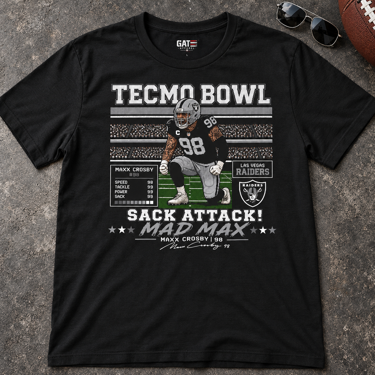 Las Vegas Raiders – Maxx Crosby – Tecmo Bowl Shirt | Retro Football Tee — lay-flat lifestyle mockup with upper-chest graphic
