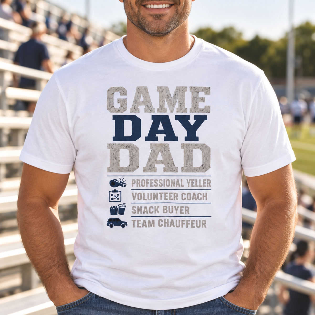 Game Day Dad Shirt | Football Dad Tee — model lifestyle mockup with upper-chest graphic