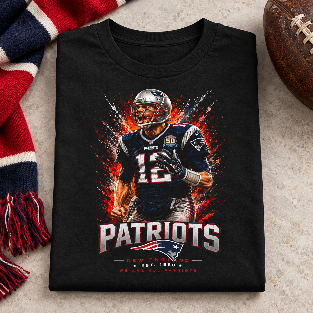 New England Patriots – Tom Brady – Football T-Shirt — folded lifestyle mockup with upper-chest graphic