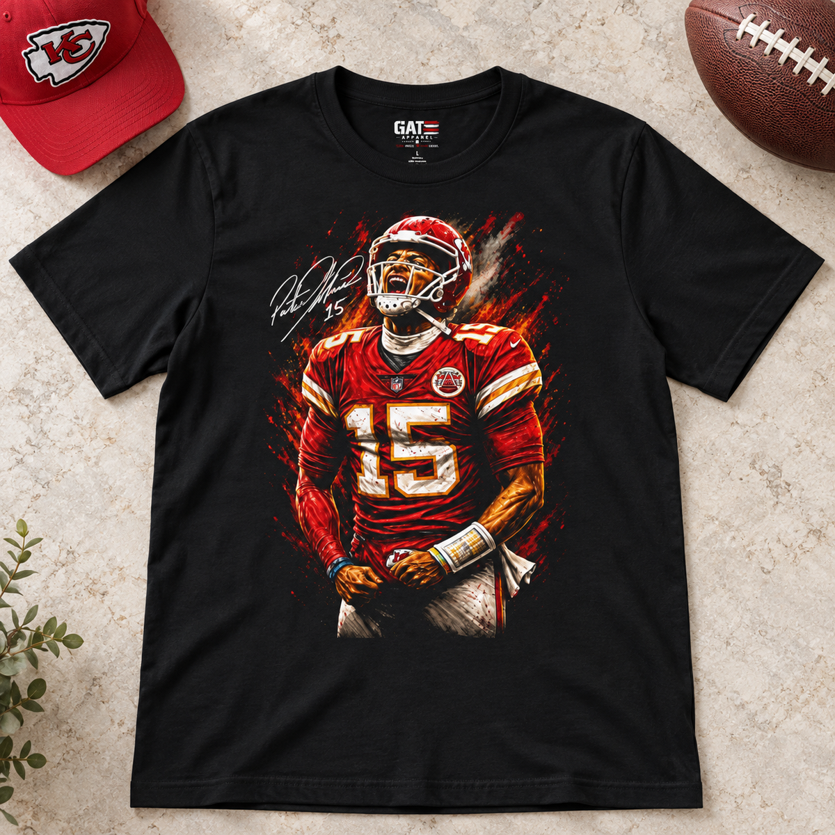 Kansas City Chiefs – Patrick Mahomes – Football T-Shirt — lay-flat lifestyle mockup with upper-chest graphic