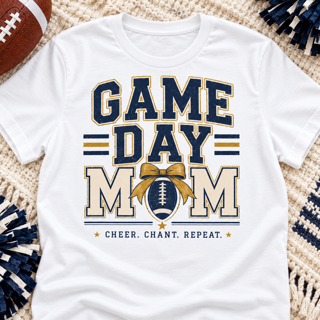 Game Day Football Cheer Mom T-Shirt — lay-flat lifestyle mockup with upper-chest graphic