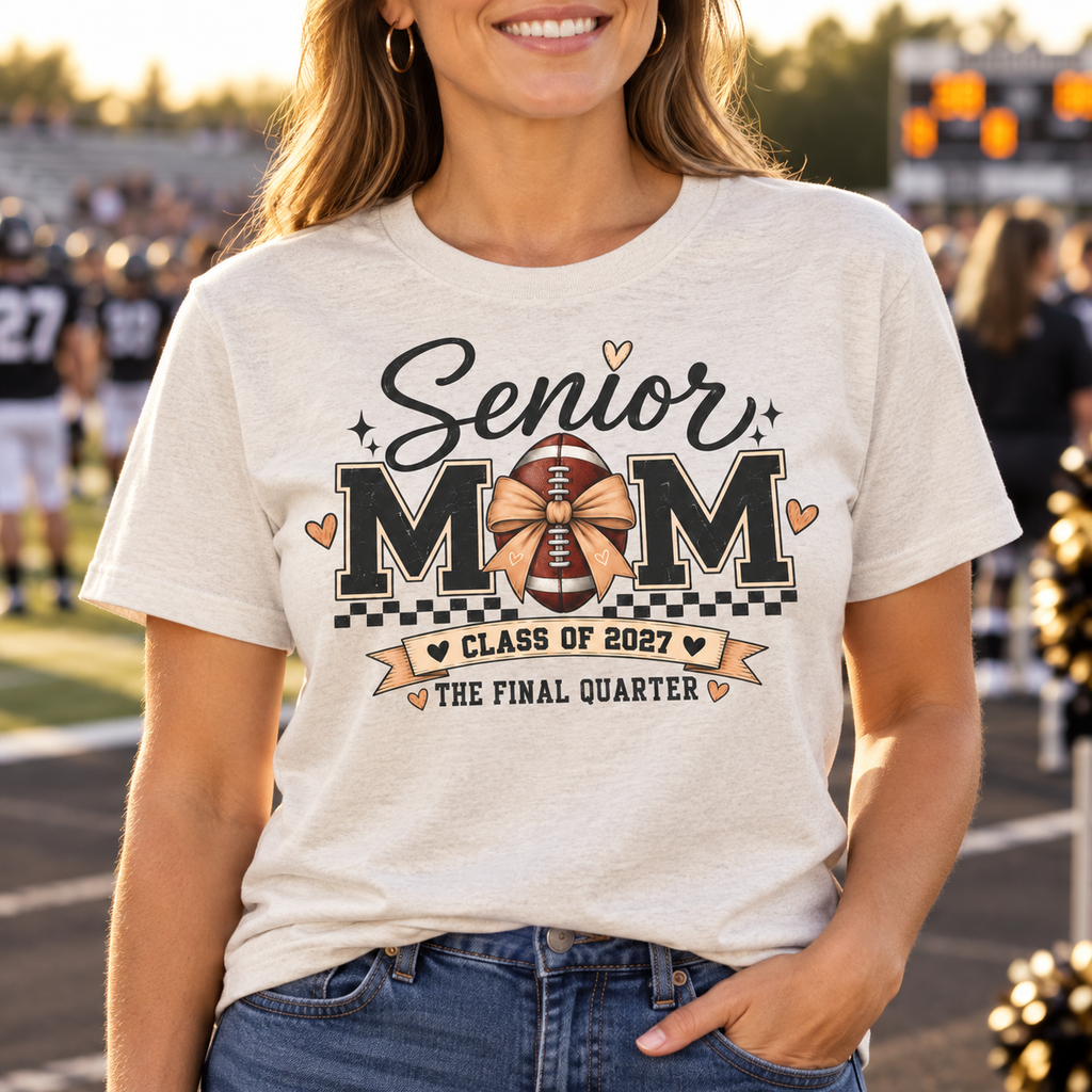 Senior Football Mom 2027 Shirt | Final Quarter Tee — model lifestyle mockup with upper-chest graphic