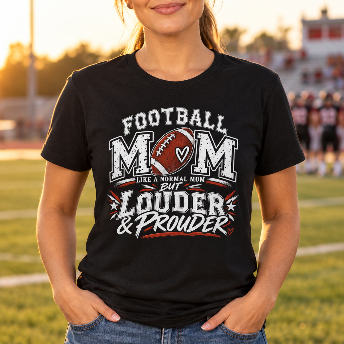 Loud & Proud Football Mom T-Shirt — model lifestyle mockup with upper-chest graphic