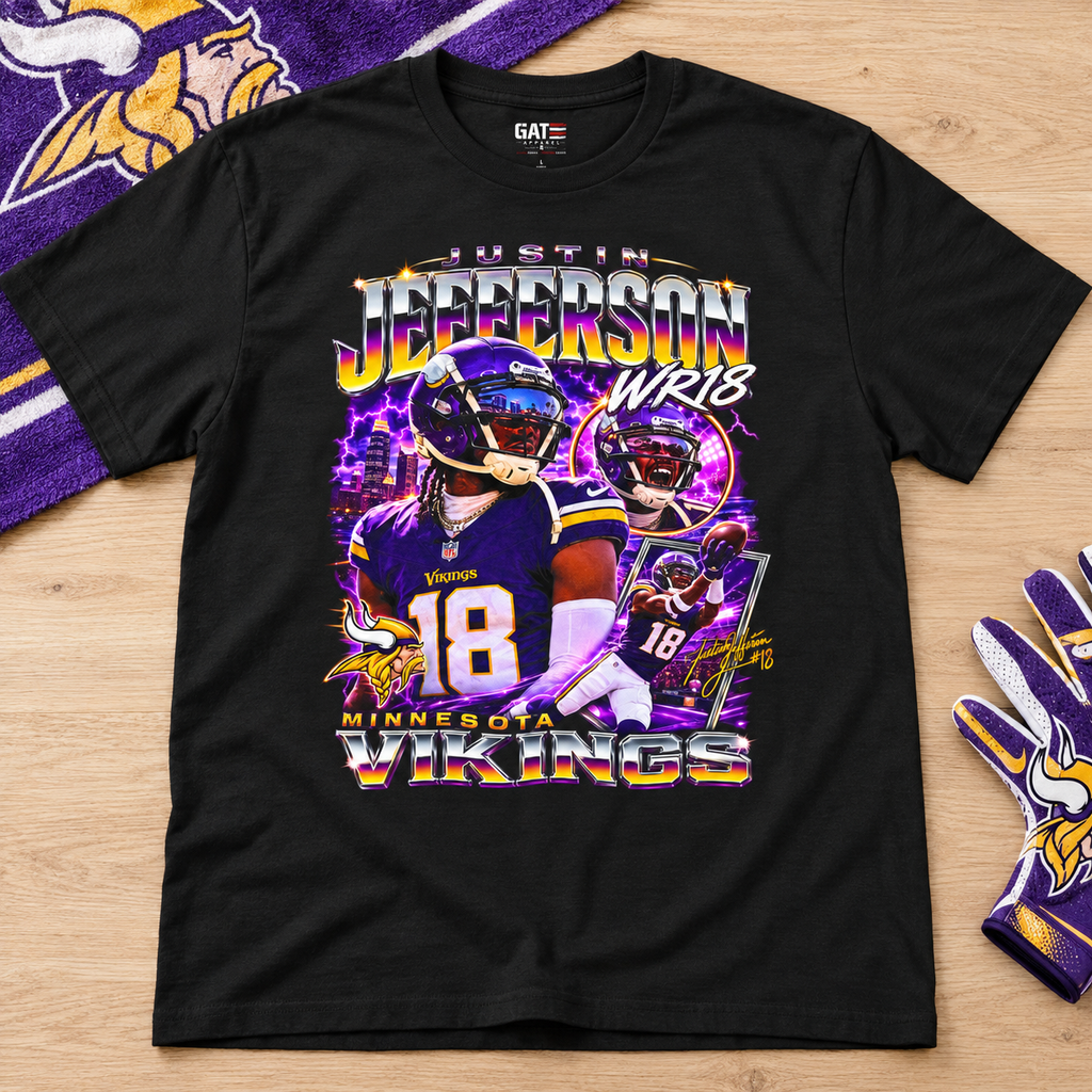Minnesota Vikings – Justin Jefferson – Retro Football T-Shirt — lay-flat lifestyle mockup with upper-chest graphic