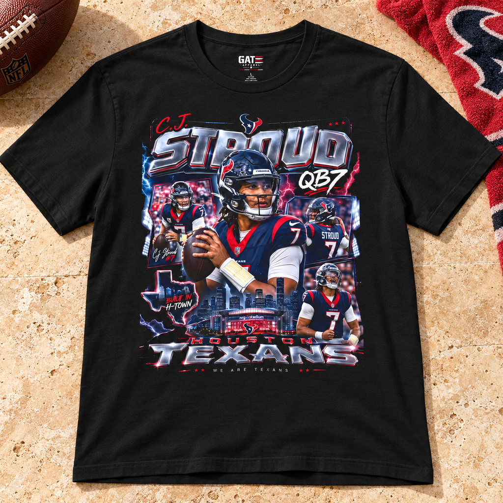 Houston Texans – C.J. Stroud – Retro Football T-Shirt — lay-flat lifestyle mockup with upper-chest graphic