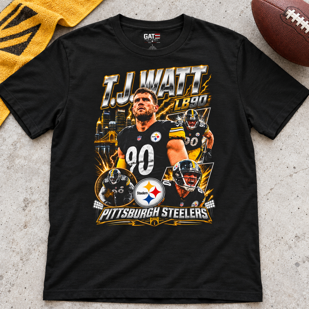 Pittsburgh Steelers – T.J. Watt – Retro Football T-Shirt — lay-flat lifestyle mockup with upper-chest graphic