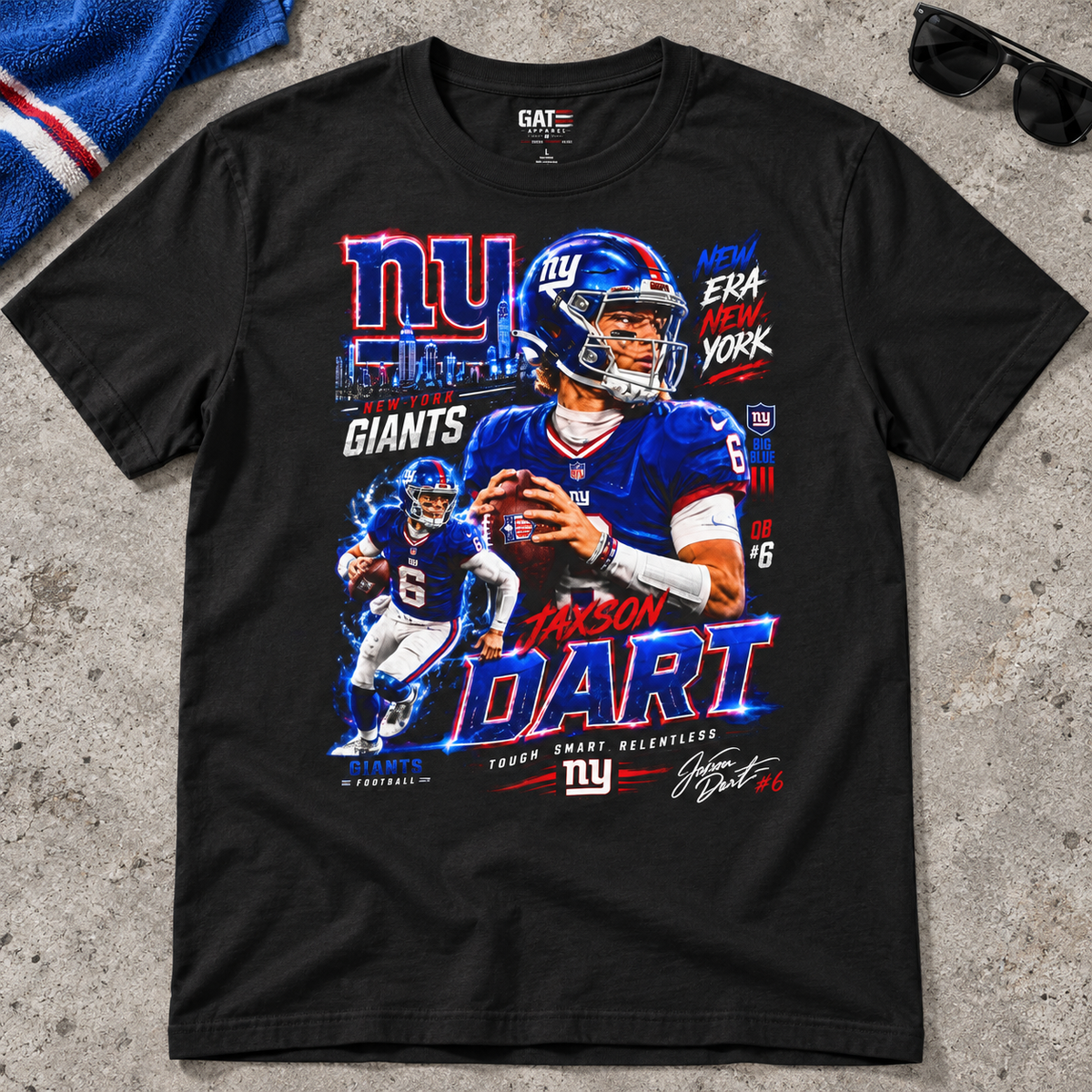 New York Giants – Jaxson Dart – Retro Football T-Shirt — lay-flat lifestyle mockup with upper-chest graphic