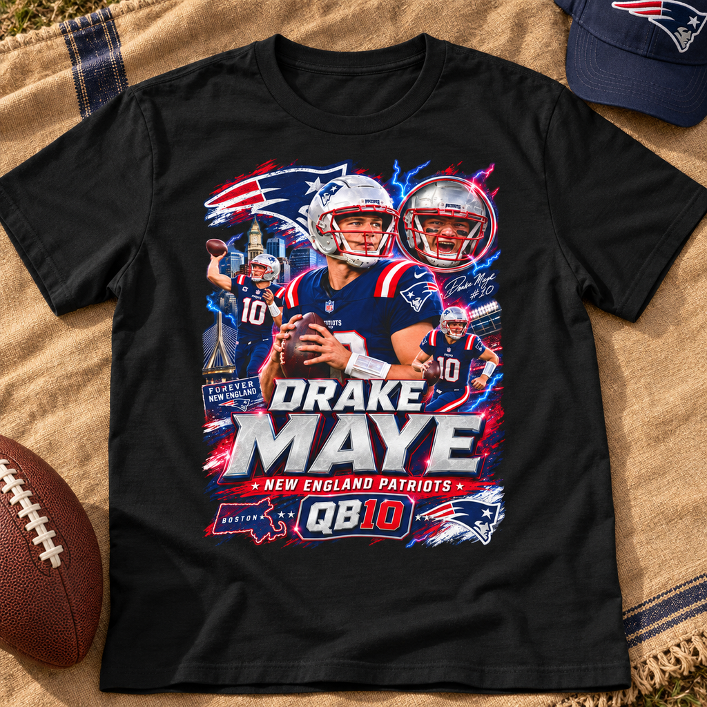 New England Patriots – Drake Maye – Retro Football T-Shirt — lay-flat lifestyle mockup with upper-chest graphic