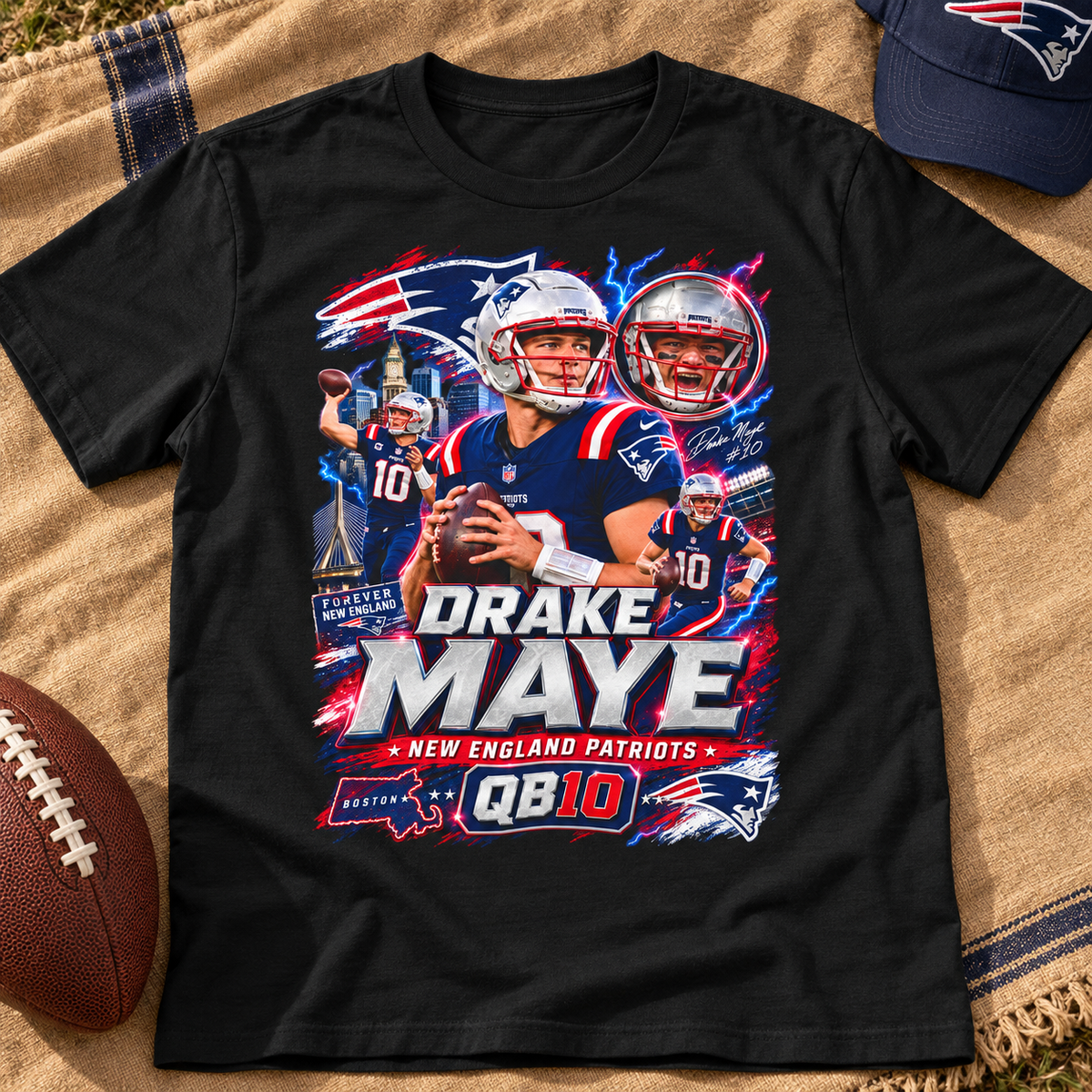 New England Patriots – Drake Maye – Retro Football T-Shirt — lay-flat lifestyle mockup with upper-chest graphic