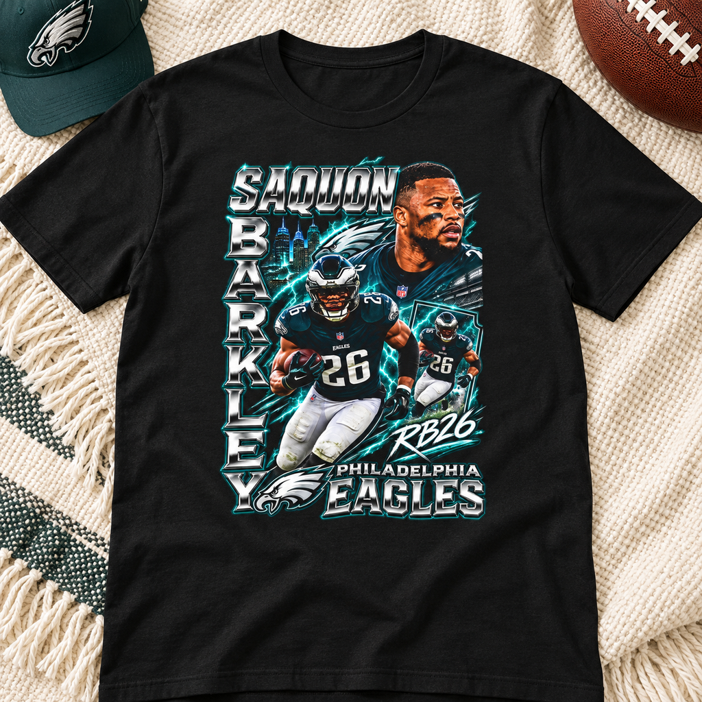 Philadelphia Eagles – Saquon Barkley – Retro Football T-Shirt — lay-flat lifestyle mockup with upper-chest graphic