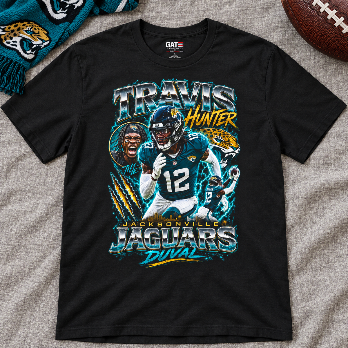 Jacksonville Jaguars – Travis Hunter – Retro Football T-Shirt — lay-flat lifestyle mockup with upper-chest graphic