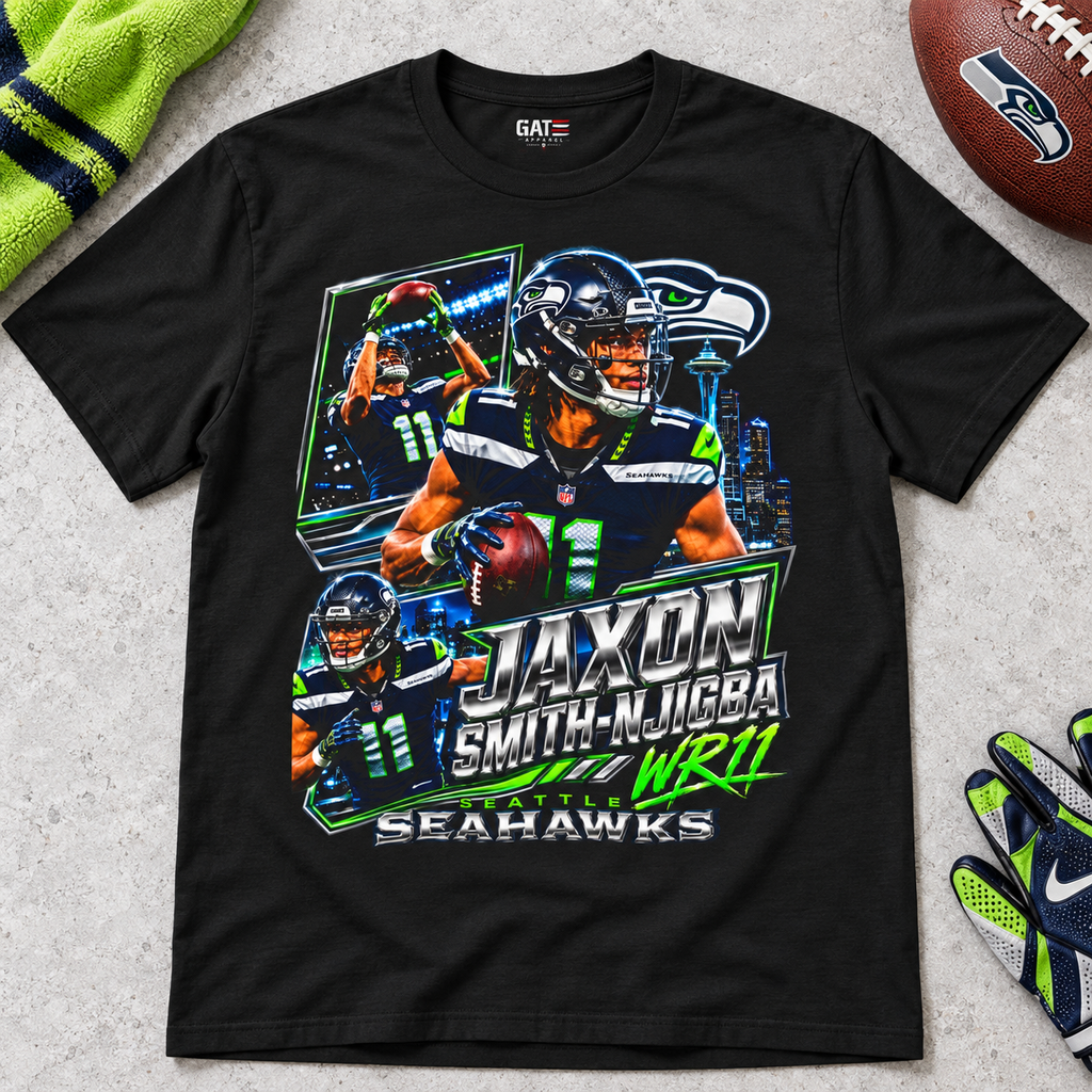 Seattle Seahawks – Jaxon Smith-Njigba – Retro Football T-Shirt — lay-flat lifestyle mockup with upper-chest graphic