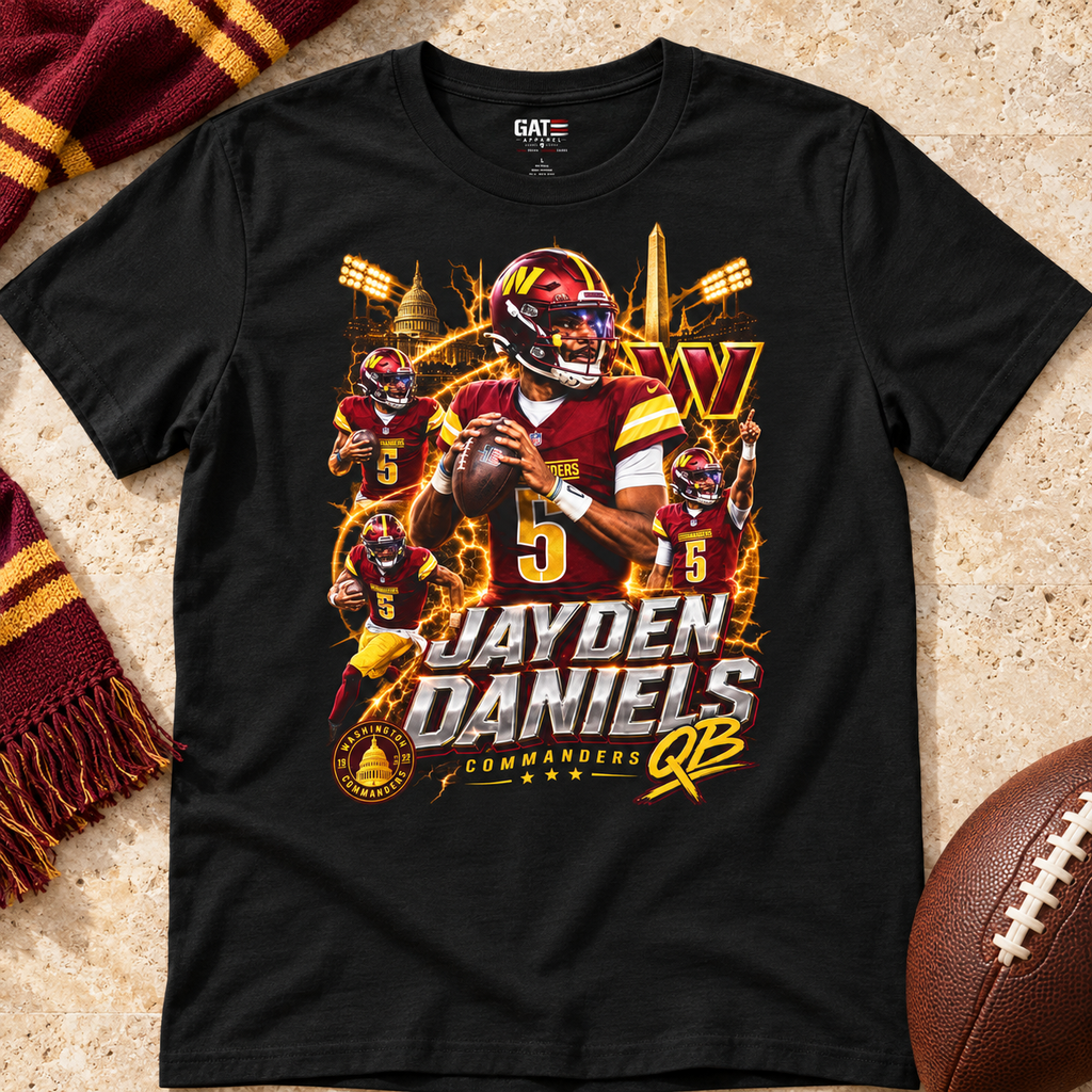 Washington Commanders – Jayden Daniels – Retro Football T-Shirt — lay-flat lifestyle mockup with upper-chest graphic