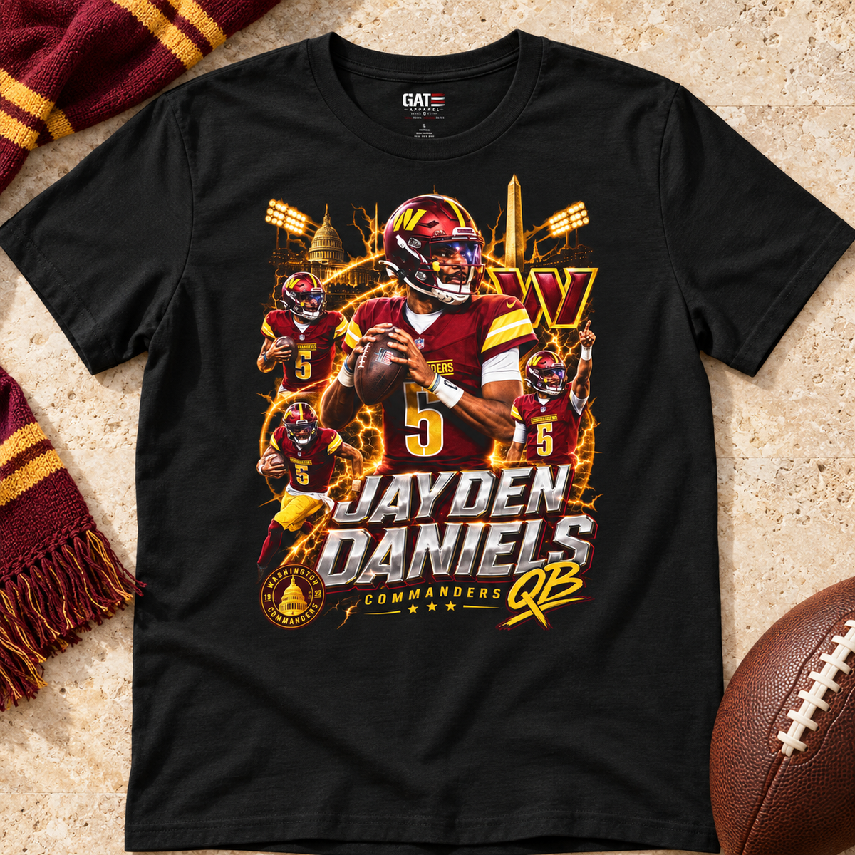 Washington Commanders – Jayden Daniels – Retro Football T-Shirt — lay-flat lifestyle mockup with upper-chest graphic
