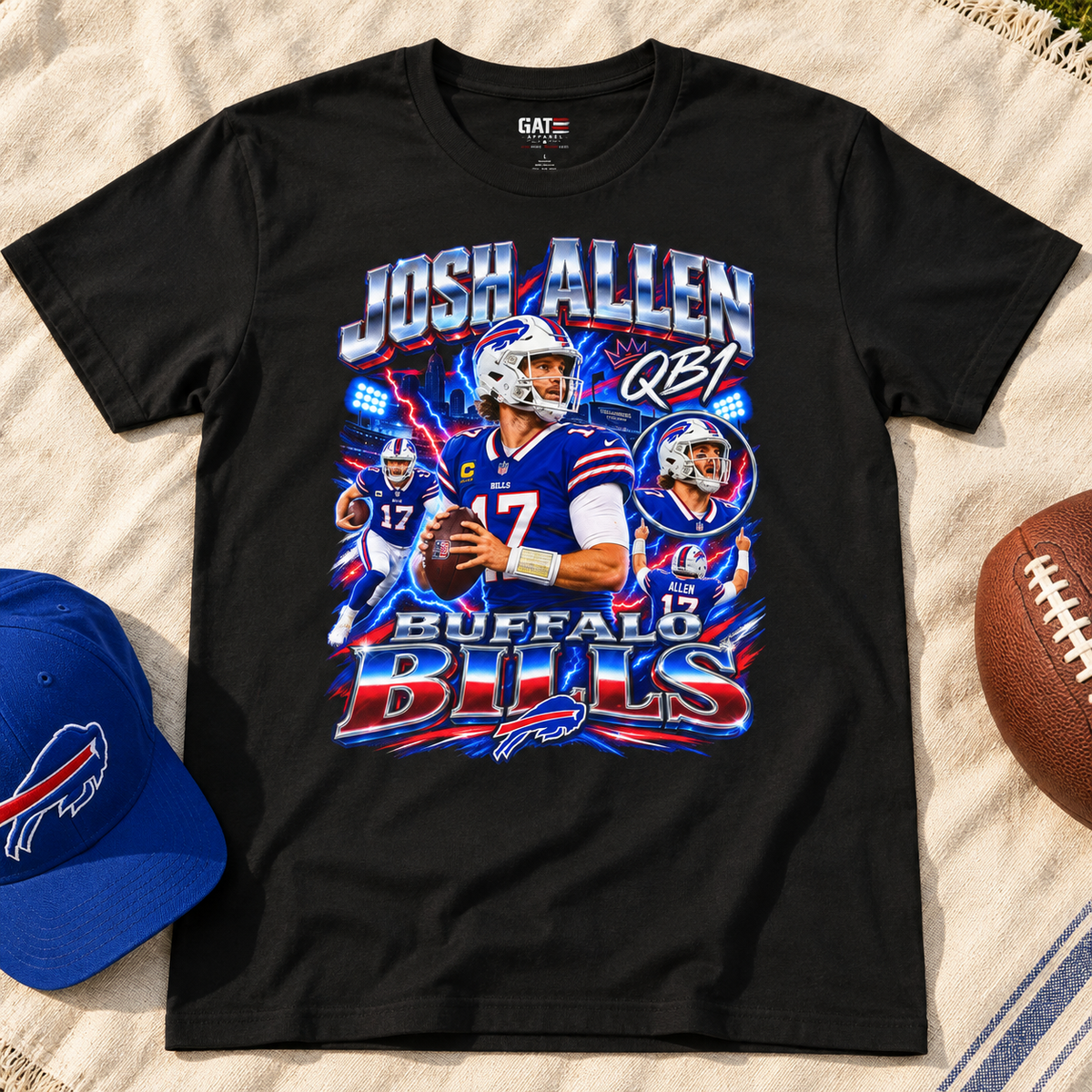Buffalo Bills – Josh Allen – Retro Football T-Shirt — lay-flat lifestyle mockup with upper-chest graphic