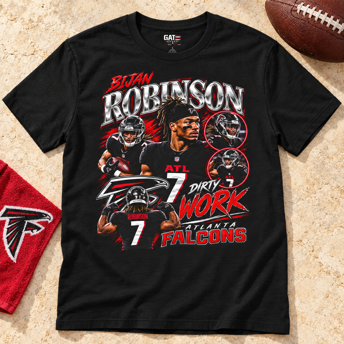 Atlanta Falcons – Bijan Robinson – Retro Football T-Shirt — lay-flat lifestyle mockup with upper-chest graphic