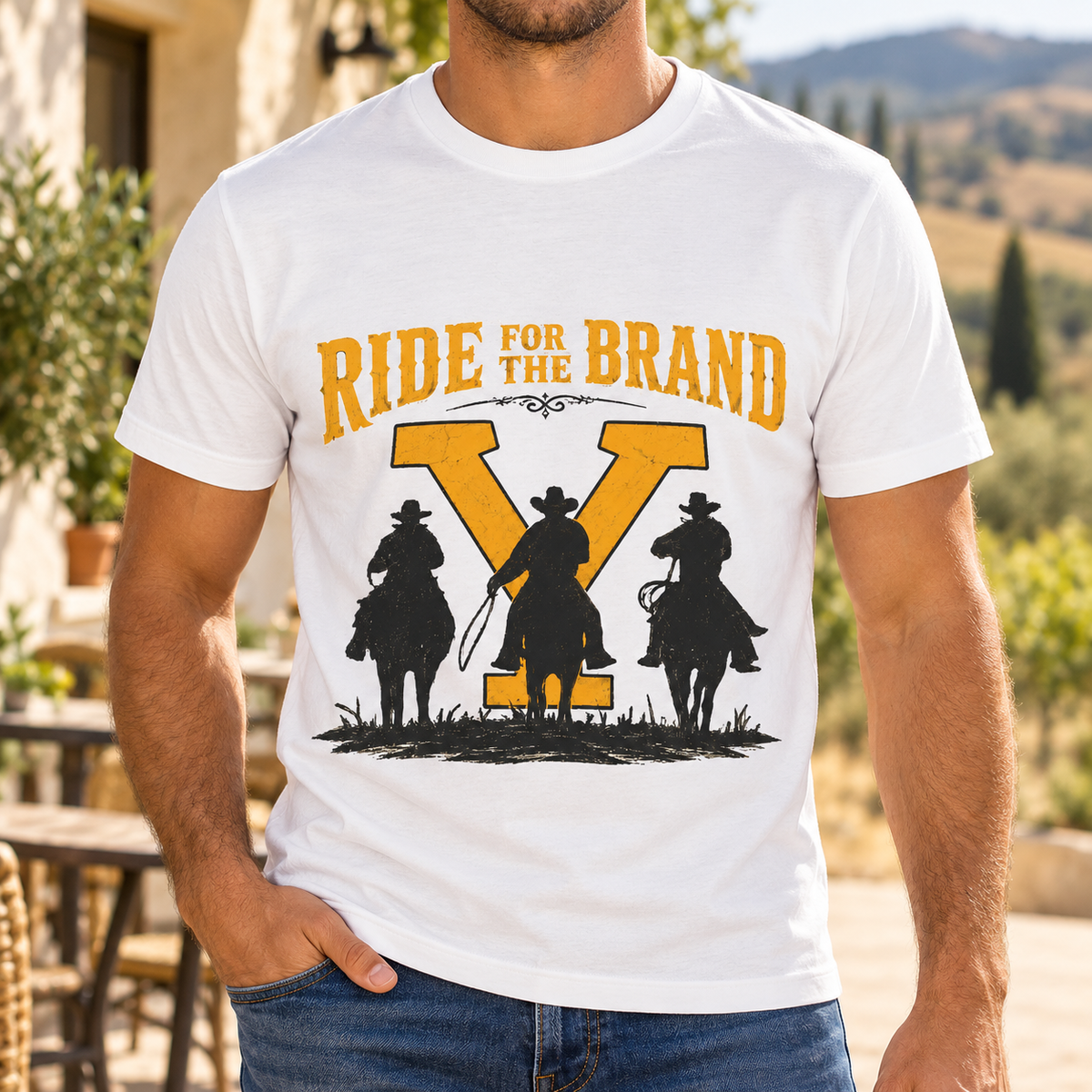 Ride for the Brand Shirt | Yellowstone Cowboy Tee — close-up lifestyle mockup