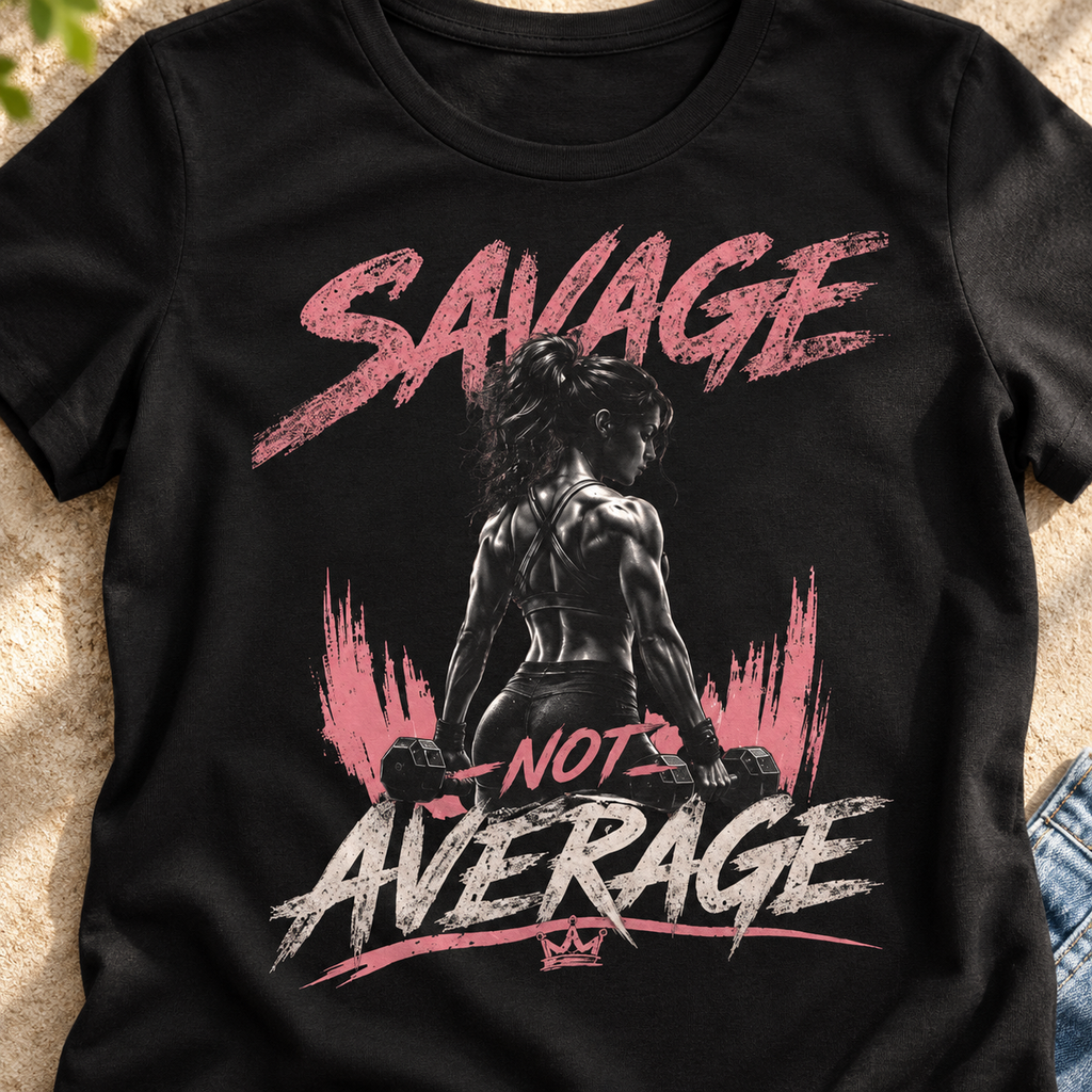 Savage Not Average Women's Gym Shirt | Weightlifting Tee — close-up lifestyle flat lay