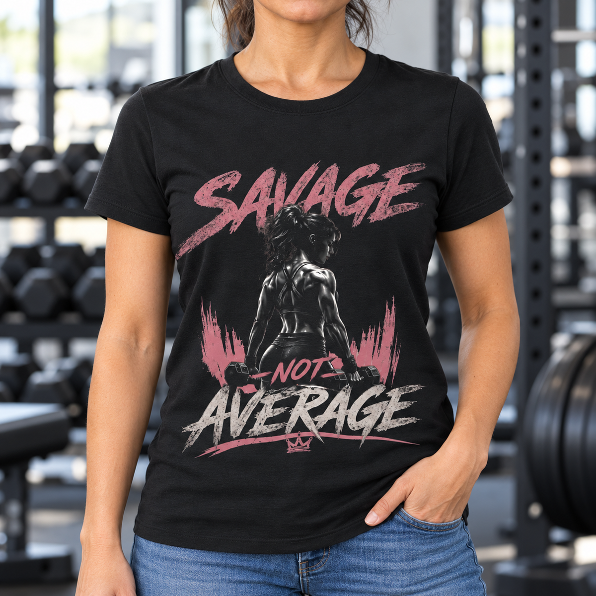 Savage Not Average Women's Gym Shirt | Weightlifting Tee — close-up lifestyle mockup