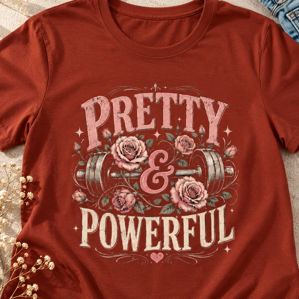 Pretty and Powerful Women's Gym Shirt | Fitness Tee — close-up lifestyle flat lay