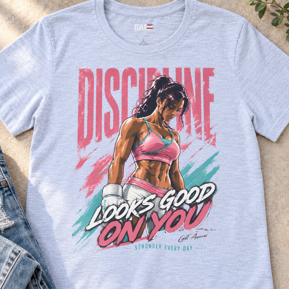Discipline Looks Good on You Women's Gym Shirt — close-up lifestyle flat lay