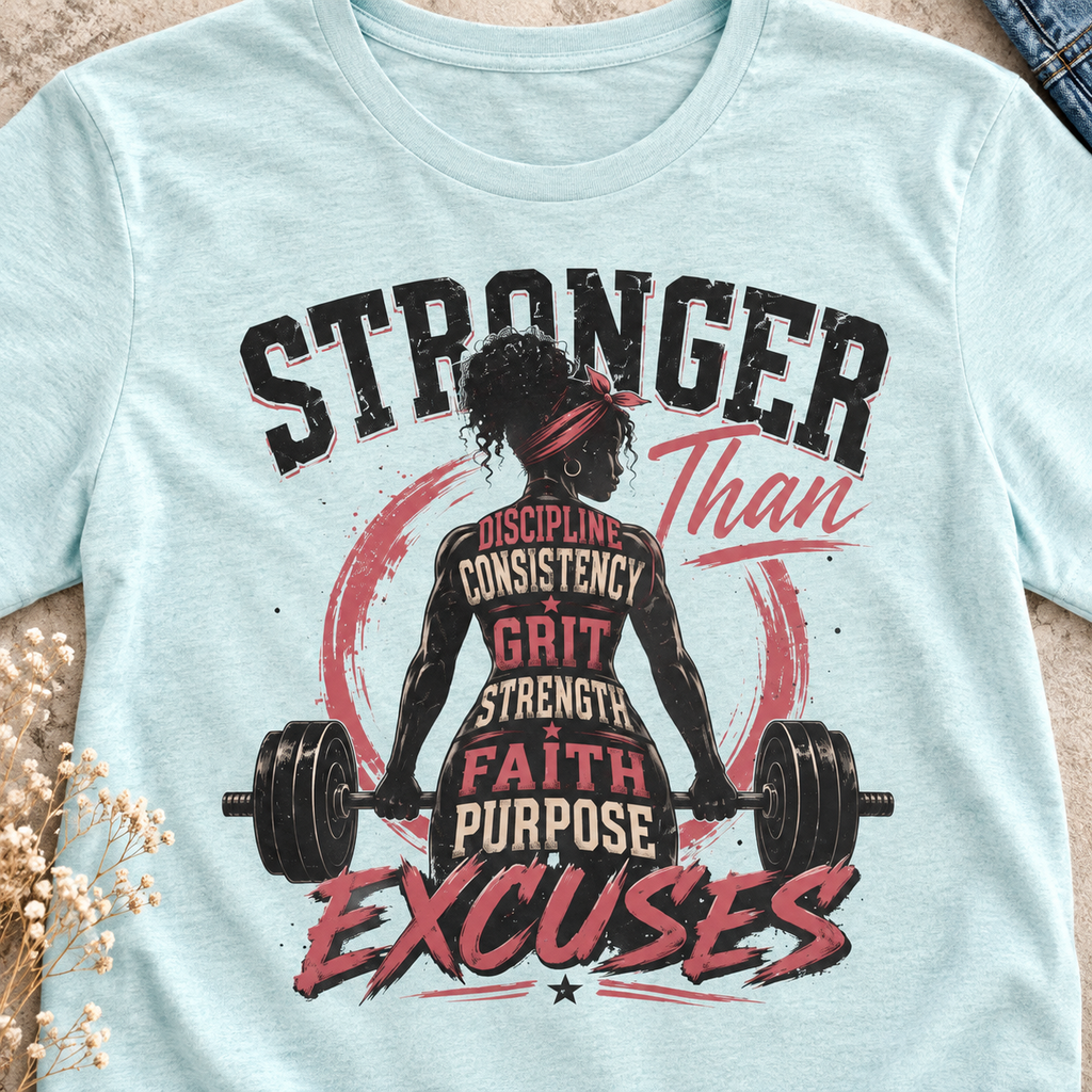 Stronger Than Excuses Women's Gym Shirt | Workout Tee — close-up lifestyle flat lay