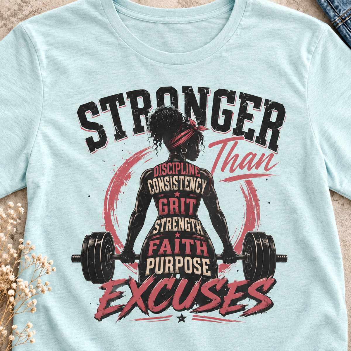 Stronger Than Excuses Women's Gym Shirt | Workout Tee — close-up lifestyle flat lay