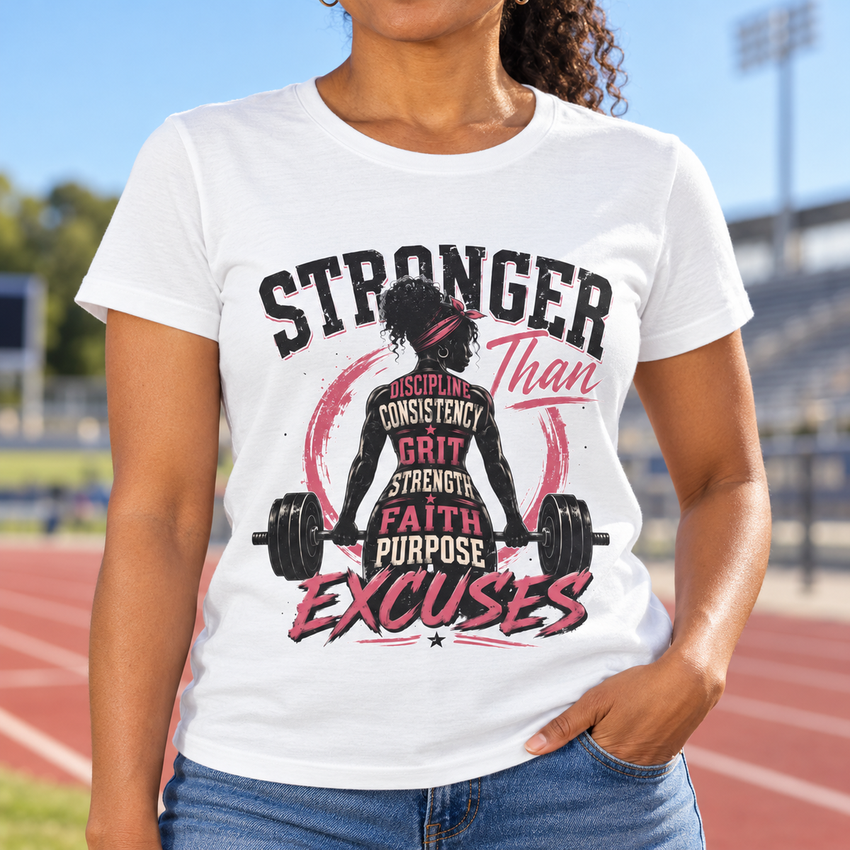 Stronger Than Excuses Women's Gym Shirt | Workout Tee — close-up lifestyle mockup