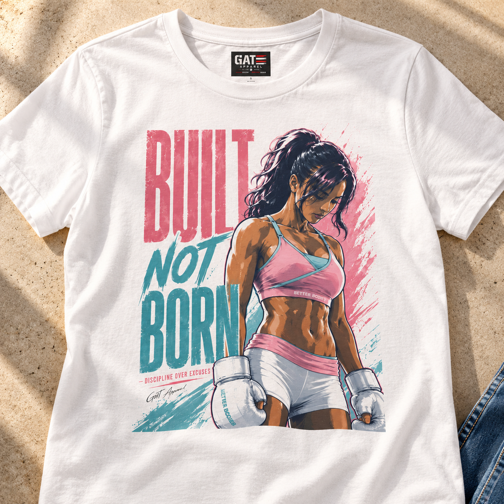 Built Not Born Women's Gym Shirt | Motivational Workout Tee — close-up lifestyle flat lay