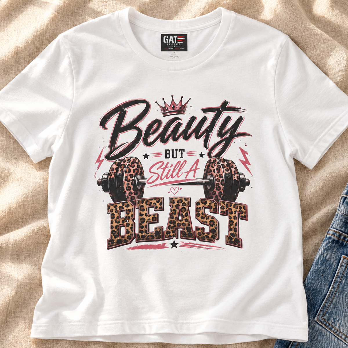 Beauty But Still a Beast Women's Gym Shirt | Workout Tee — close-up lifestyle flat lay
