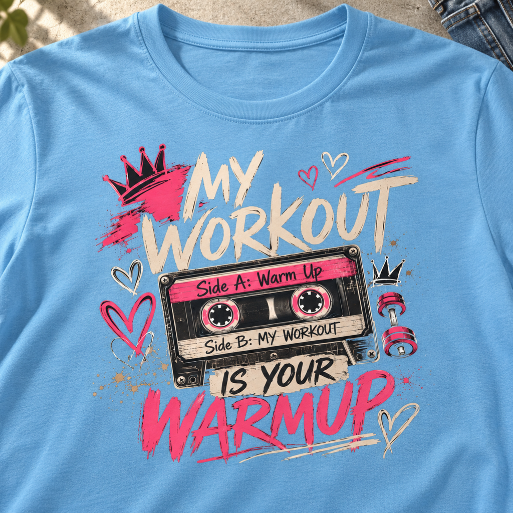 My Workout Is Your Warmup Retro Gym Shirt — close-up lifestyle flat lay